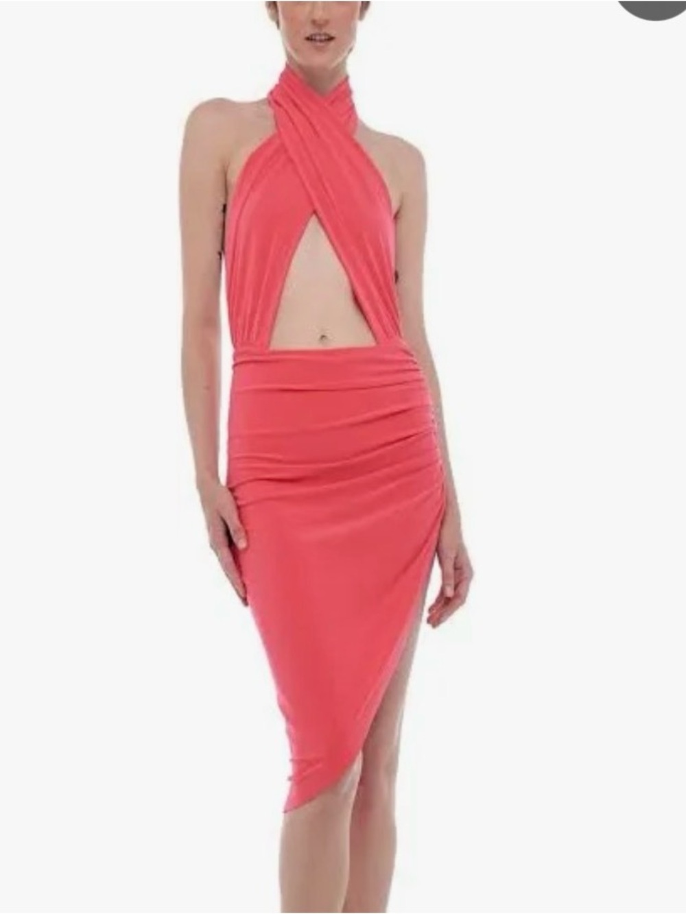 Norma Kamali Coral Halter Asymmetrical Midi Dress